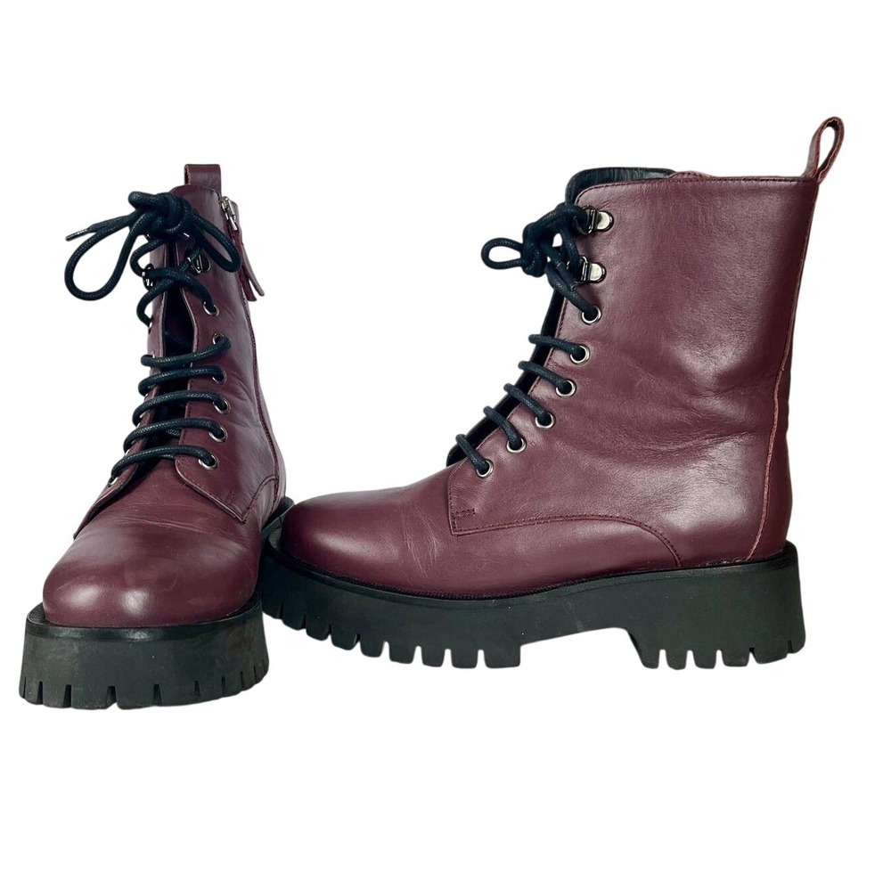M.Gemi Benedetta Burgundy Leather Lug Sole Combat Boots Lace Up Zipper Womens 35